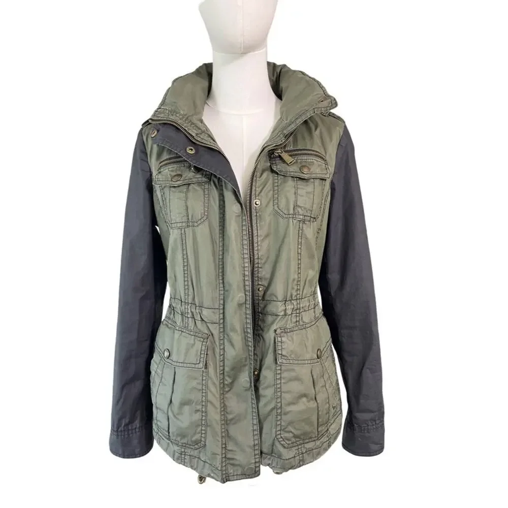 Michael Kors Green Black Utility Jacket Women’s Small Canvas Zip Hooded Casual